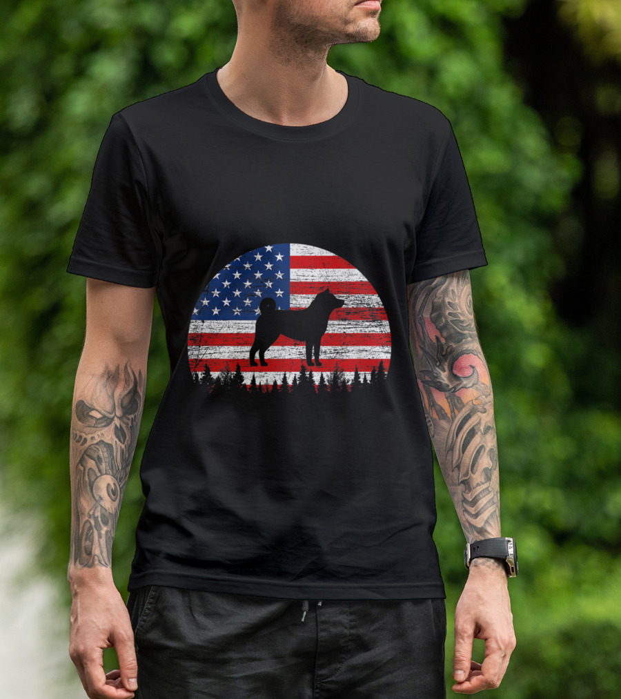 Akita Dog Silhouette With American Flag And Forest Scene For 4th Of July T-Shirt