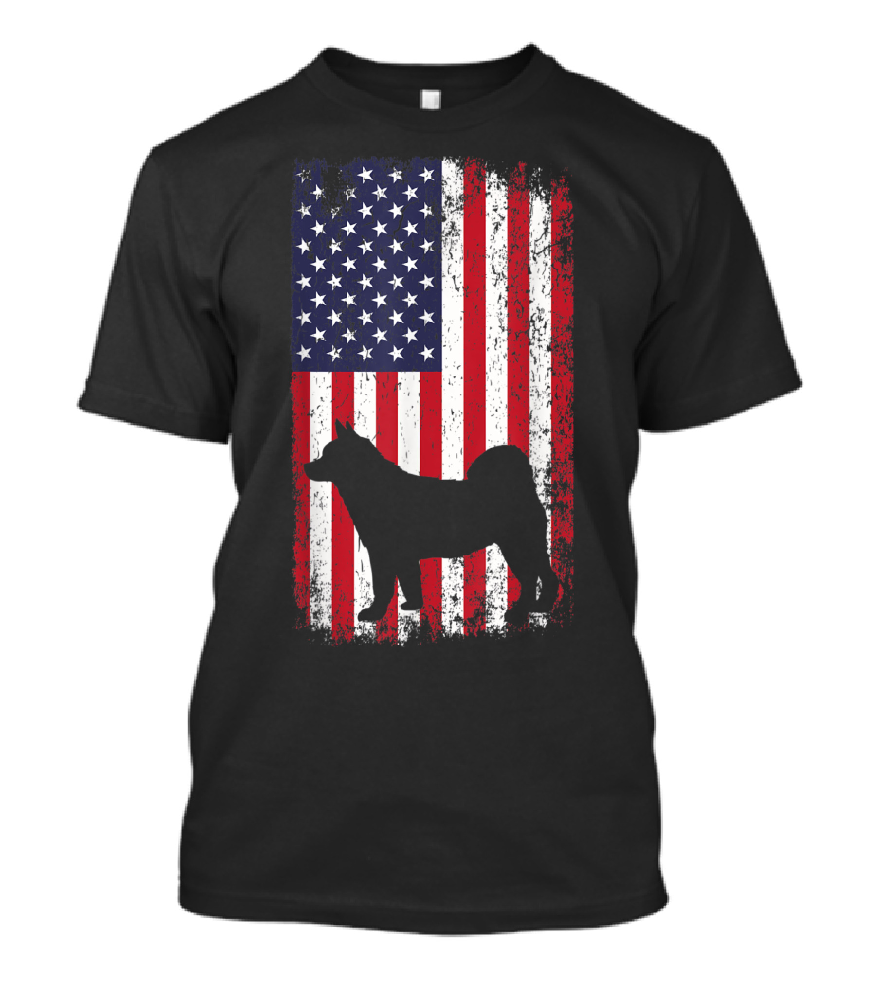 Akita Dog Silhouette Over Distressed American Flag Background T-Shirt