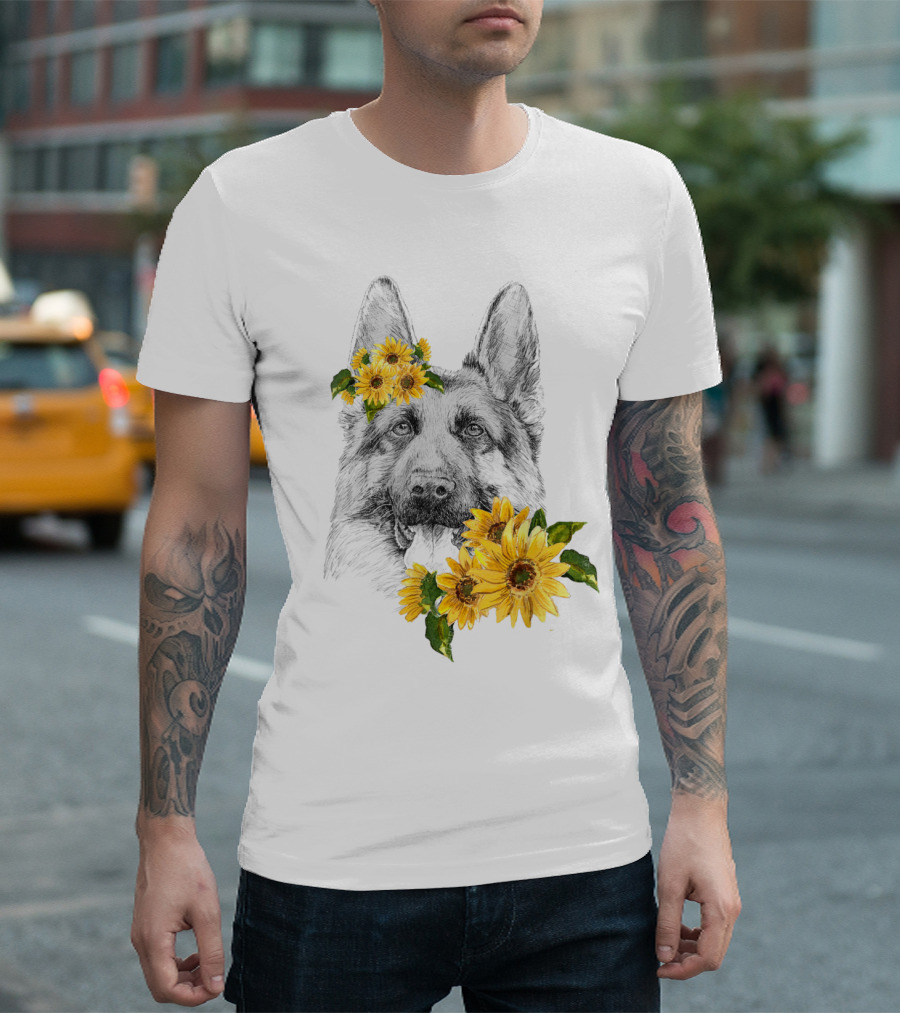 German Shepherd With Sunflower Blossom Accents T-Shirt