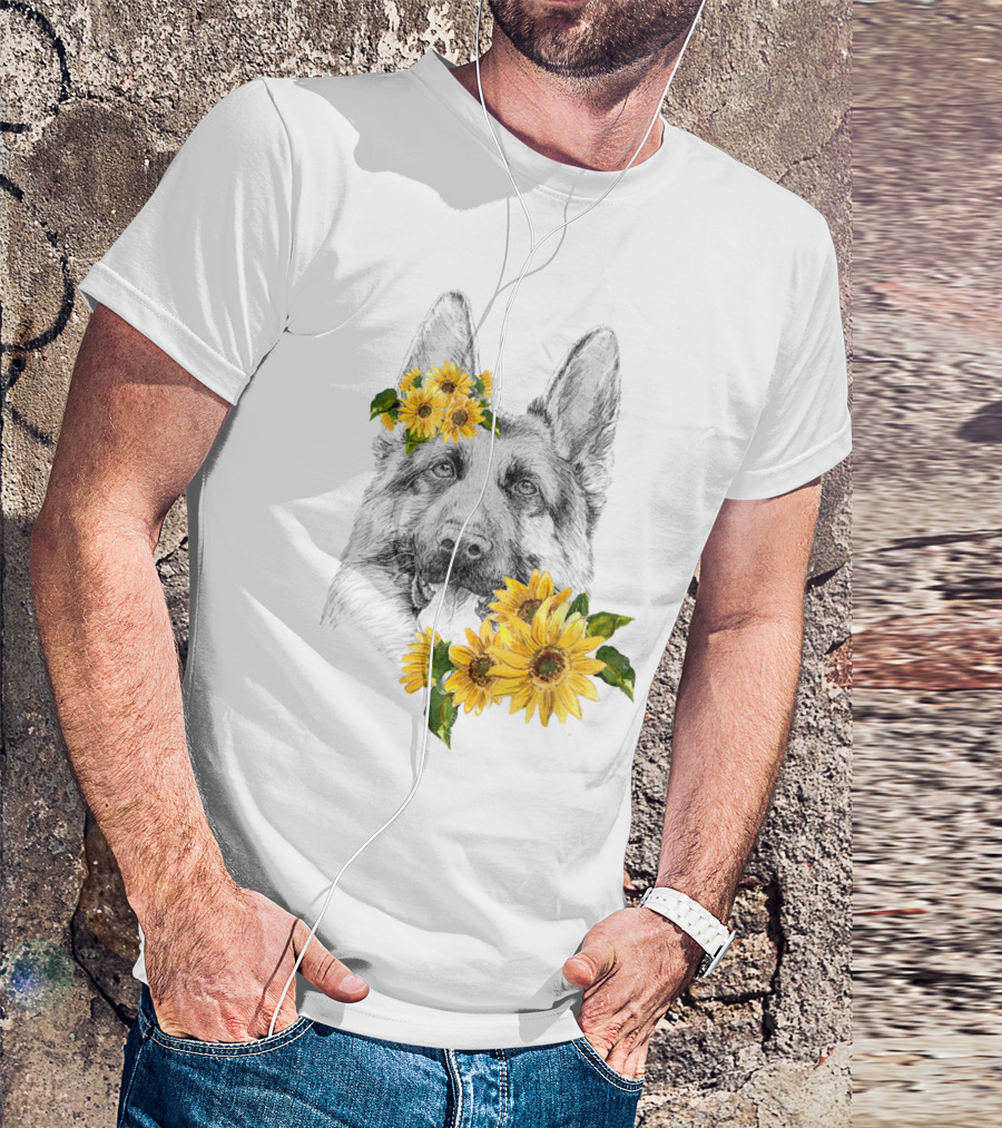 German Shepherd With Sunflower Blossom Accents T-Shirt
