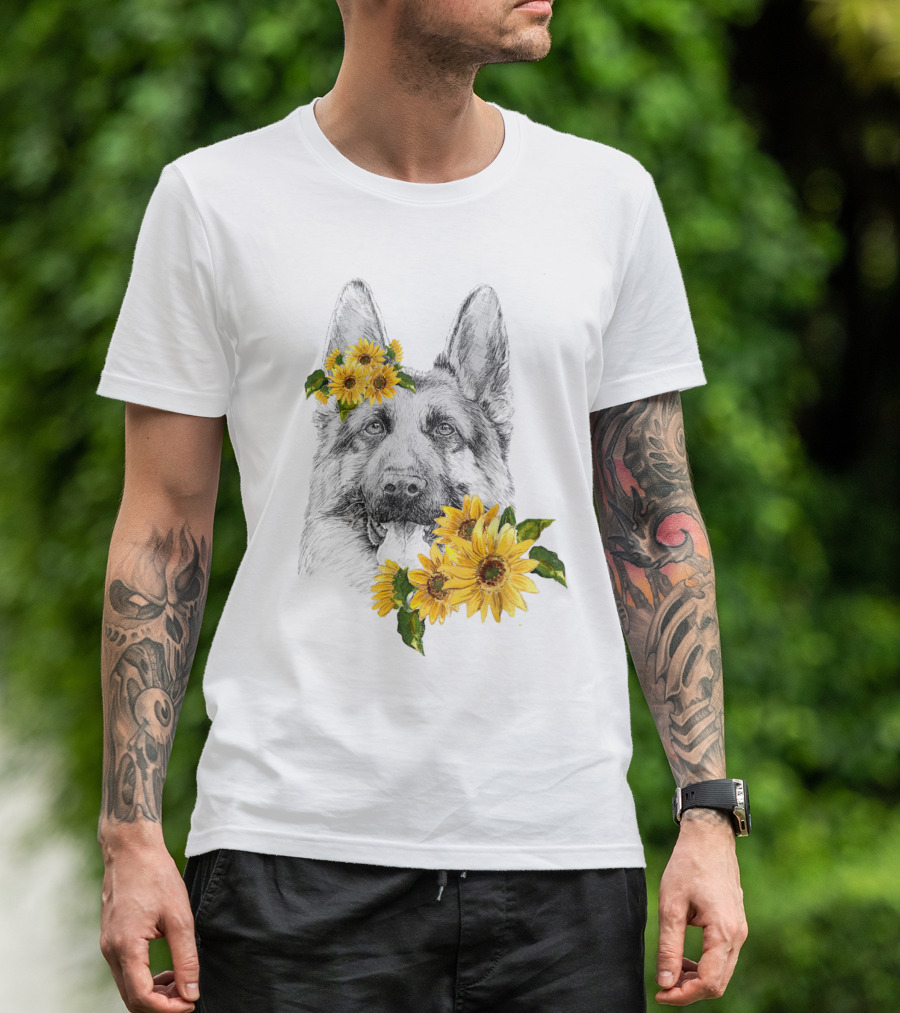 German Shepherd With Sunflower Blossom Accents T-Shirt
