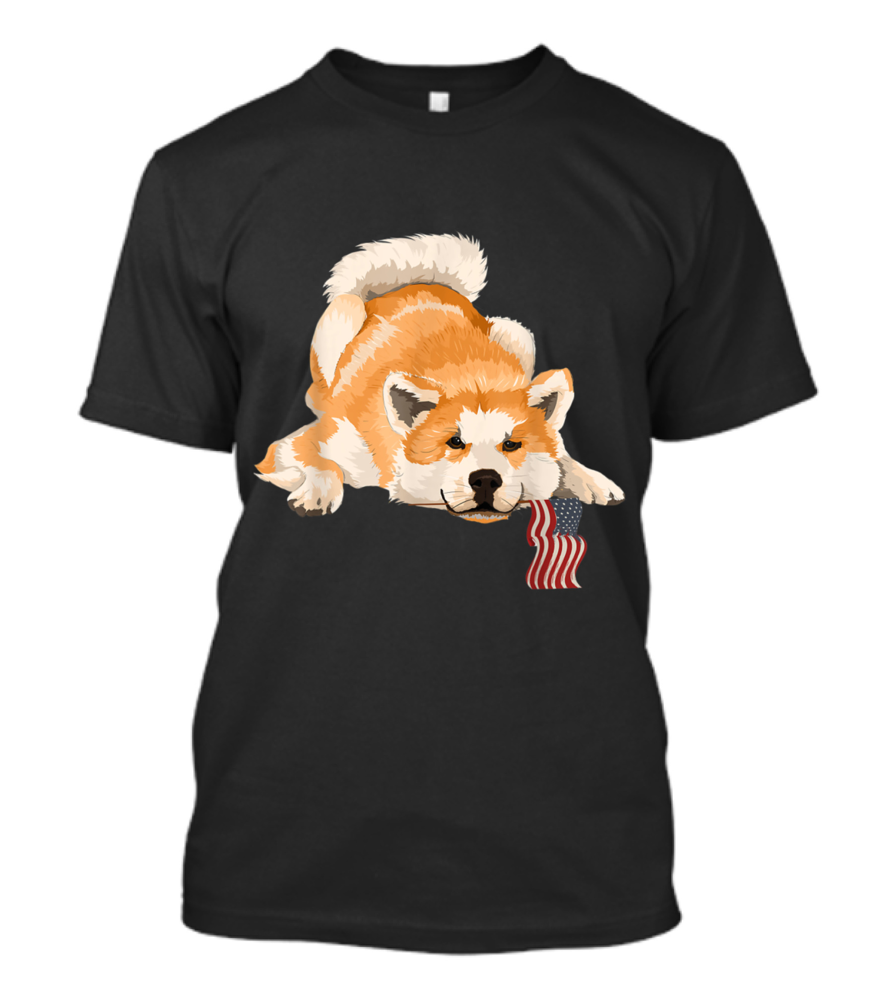 Akita Dog With American Flag Playful Pose T-Shirt