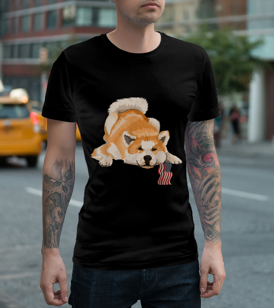 Akita Dog With American Flag Playful Pose T-Shirt