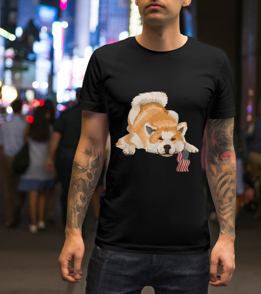 Akita Dog With American Flag Playful Pose T-Shirt