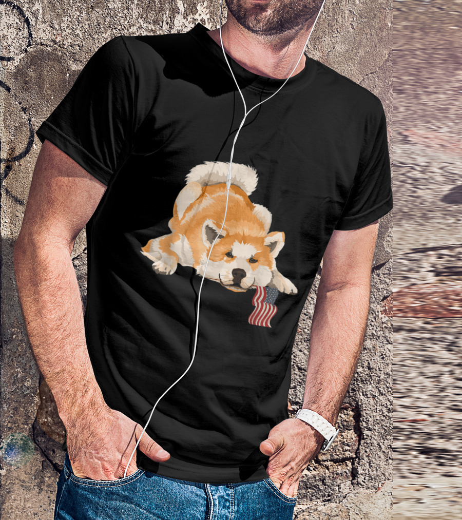 Akita Dog With American Flag Playful Pose T-Shirt