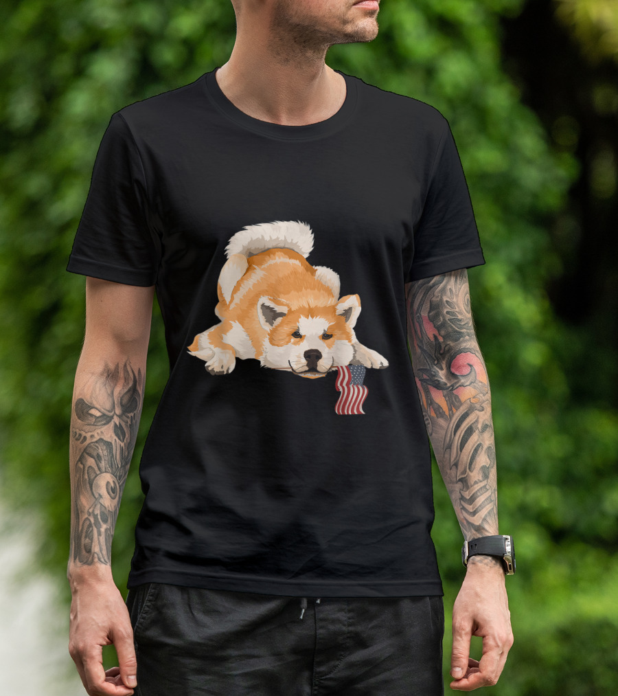 Akita Dog With American Flag Playful Pose T-Shirt