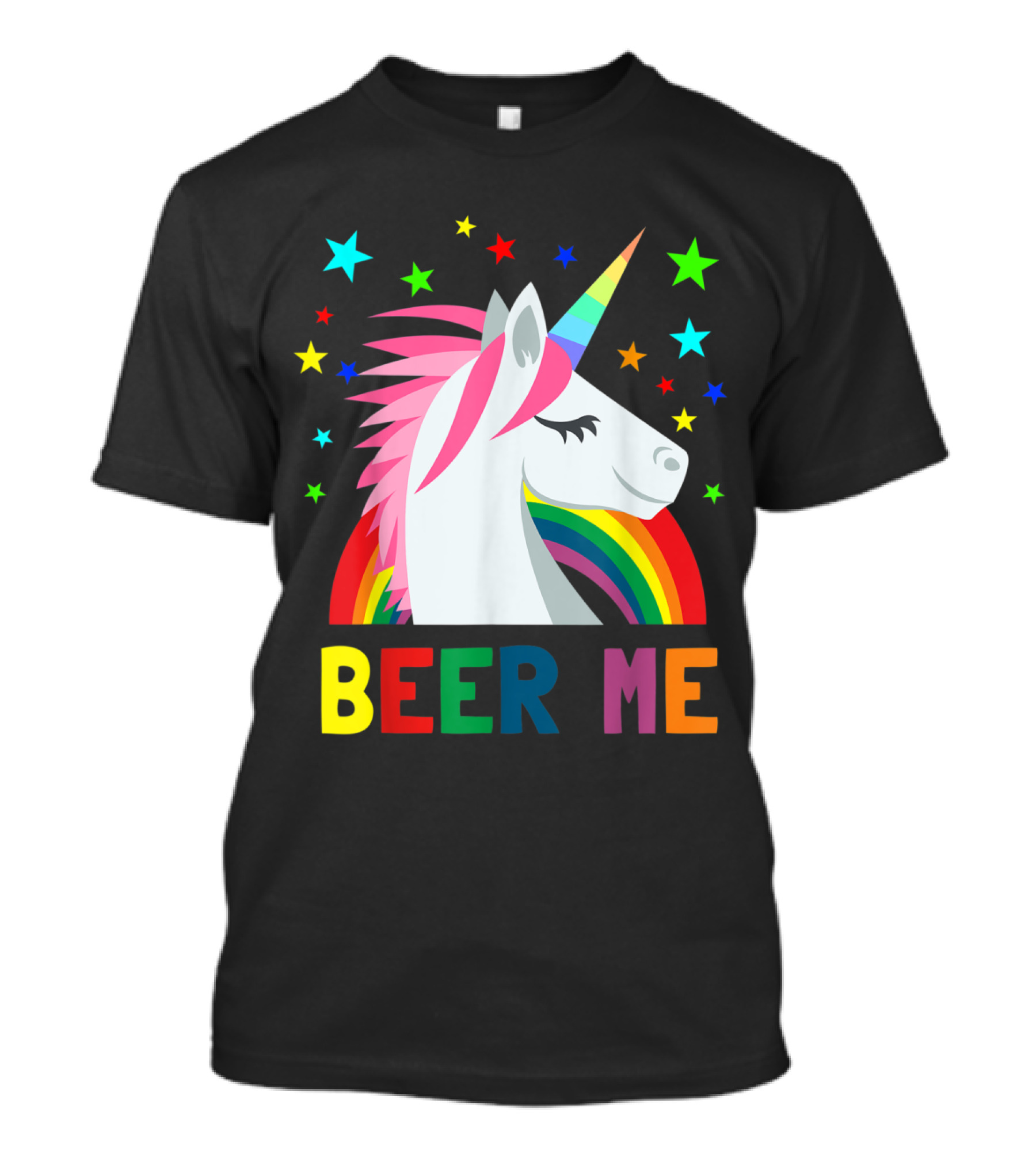 Beer Me Unicorn Rainbow Stars Fun T-Shirt