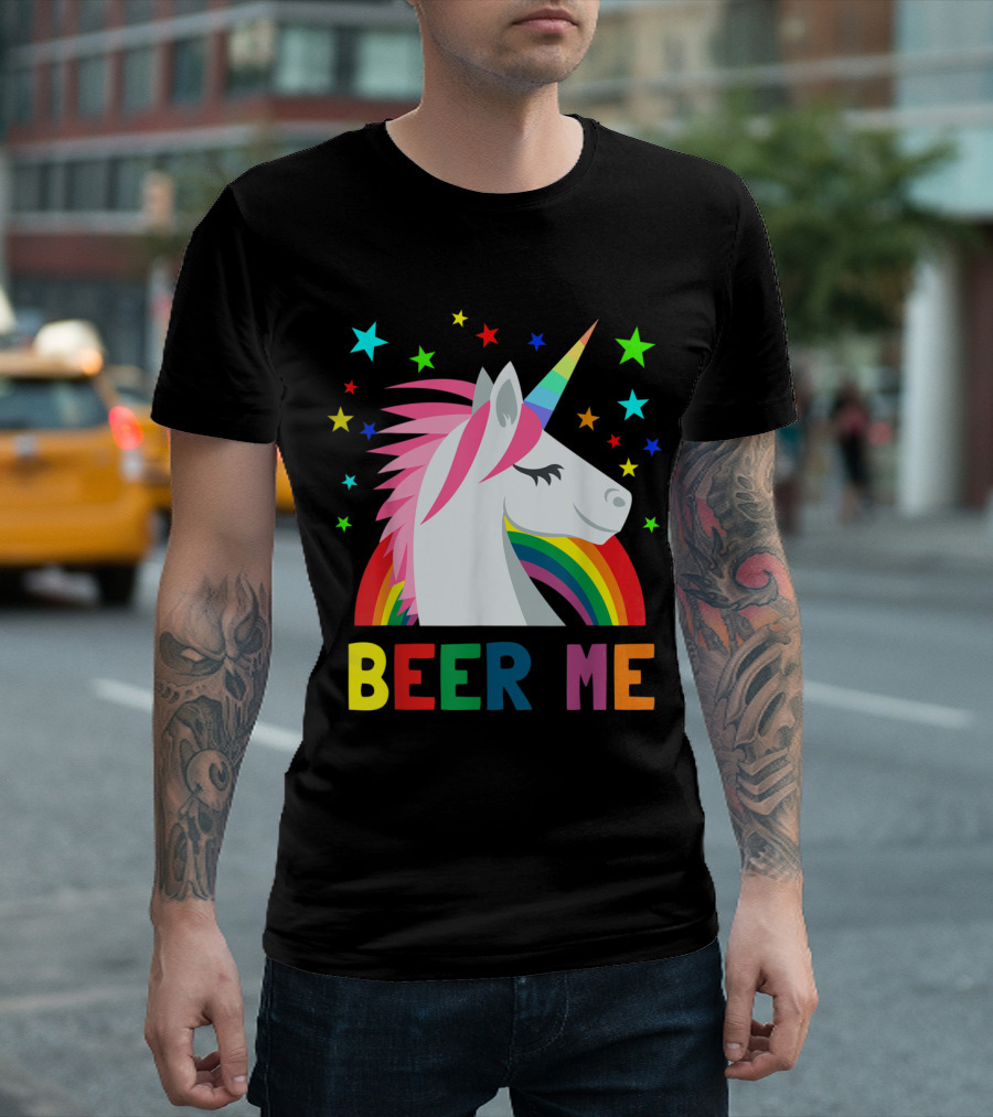 Beer Me Unicorn Rainbow Stars Fun T-Shirt