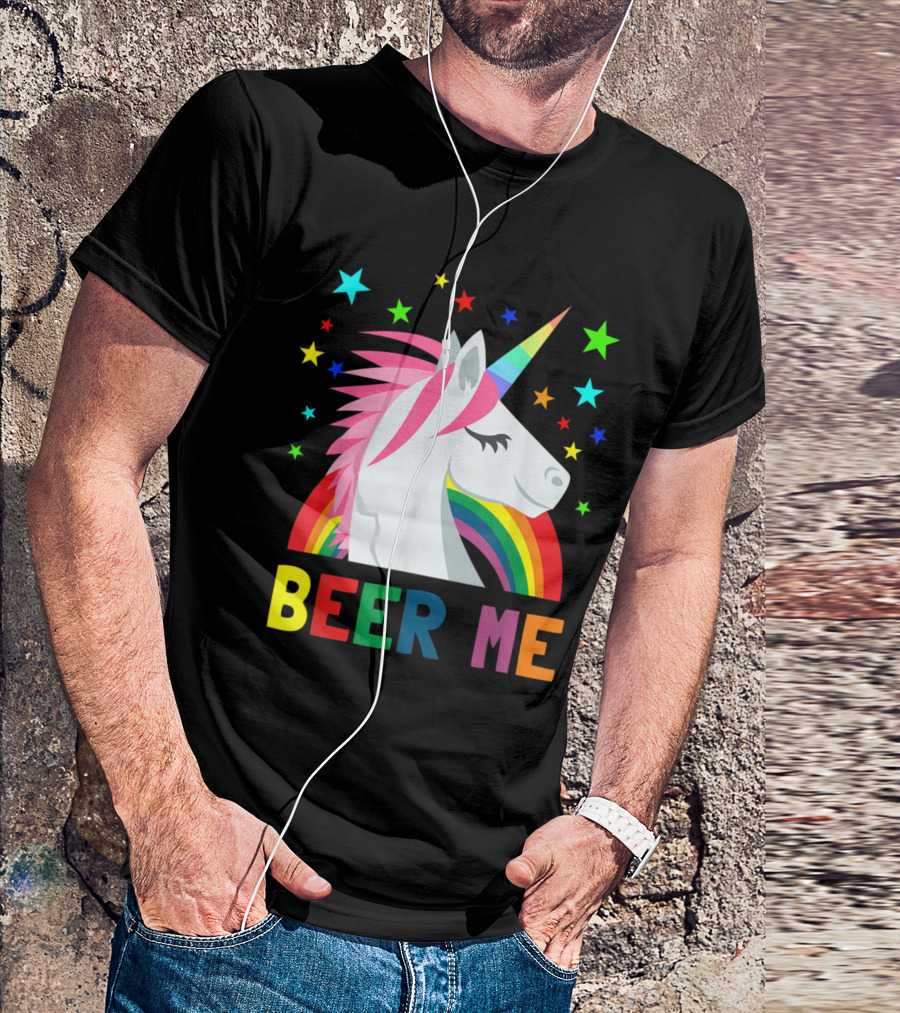 Beer Me Unicorn Rainbow Stars Fun T-Shirt