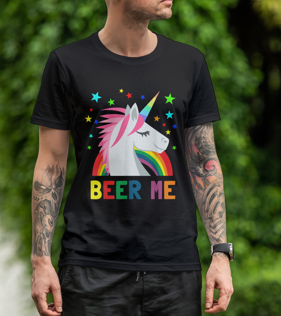 Beer Me Unicorn Rainbow Stars Fun T-Shirt
