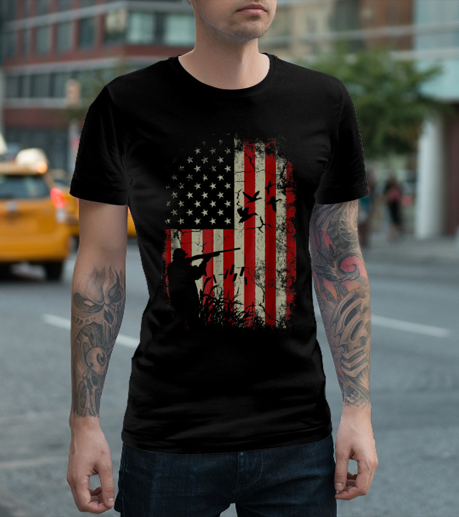 USA Flag Duck Hunter Silhouette with Flying Ducks and Grassland in Grunge T-Shirt