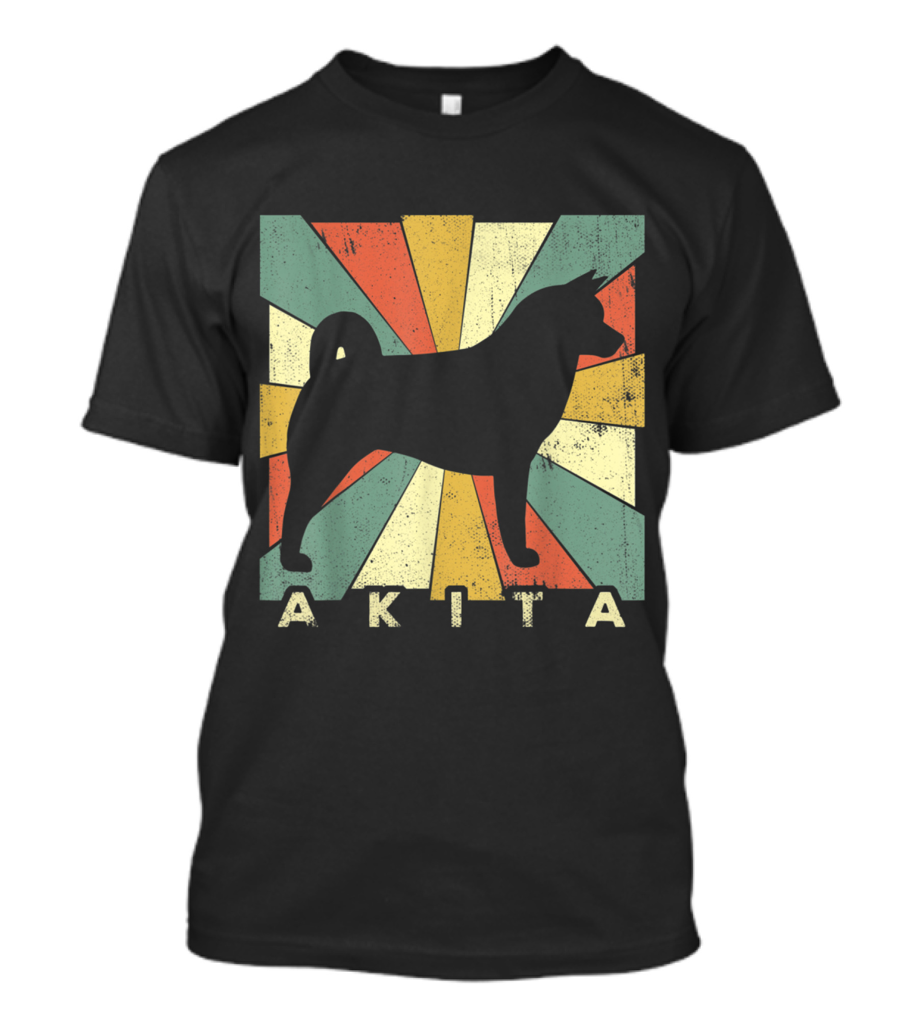 Retro 70s Akita Dog Silhouette With Vintage Sunburst Background T-Shirt