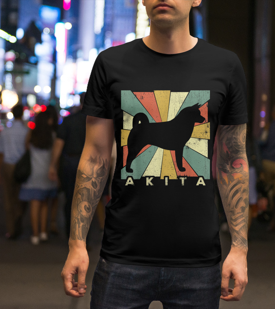 Retro 70s Akita Dog Silhouette With Vintage Sunburst Background T-Shirt
