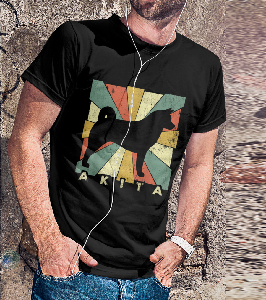 Retro 70s Akita Dog Silhouette With Vintage Sunburst Background T-Shirt