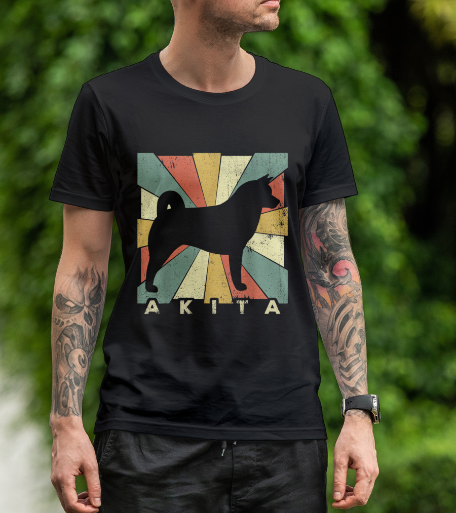 Retro 70s Akita Dog Silhouette With Vintage Sunburst Background T-Shirt