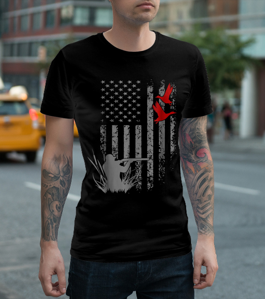 American Flag Duck Hunting Clothing Hunter with Rifle Birds T-Shirt