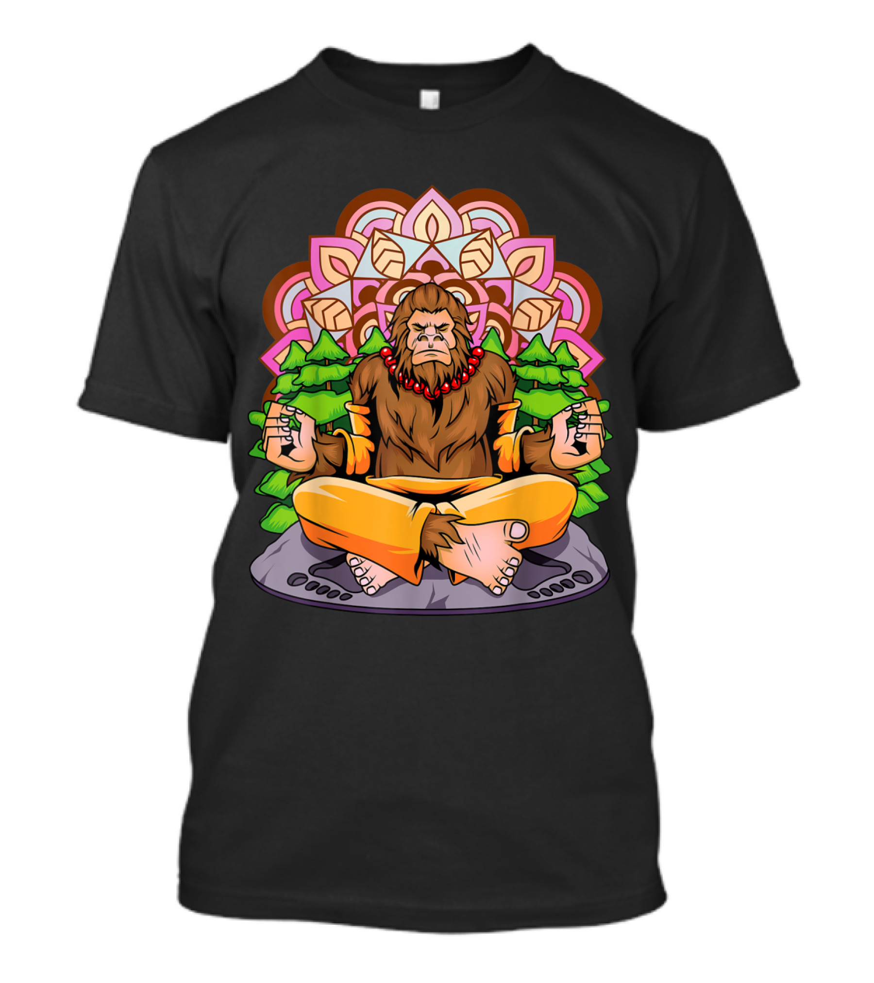 Funny Bigfoot Yoga Sasquatch Meditation With Mandala And Forest Background T-Shirt