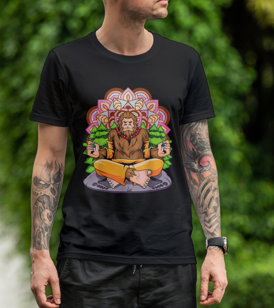 Funny Bigfoot Yoga Sasquatch Meditation With Mandala And Forest Background T-Shirt