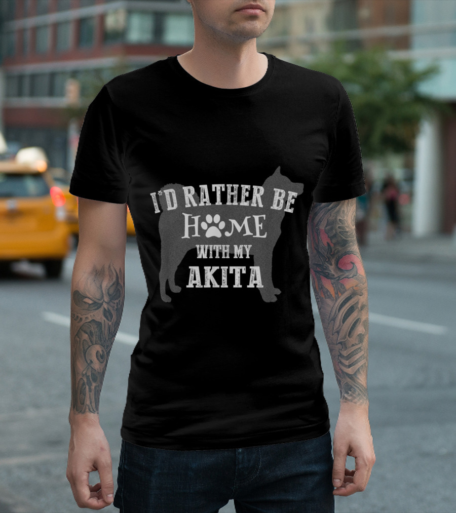 I'd Rather Be Home With My Akita Silhouette and Paw Prints T-Shirt