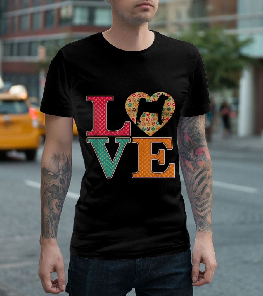 LOVE Akita Dog Silhouette in Colorful Paw Print Heart T-Shirt