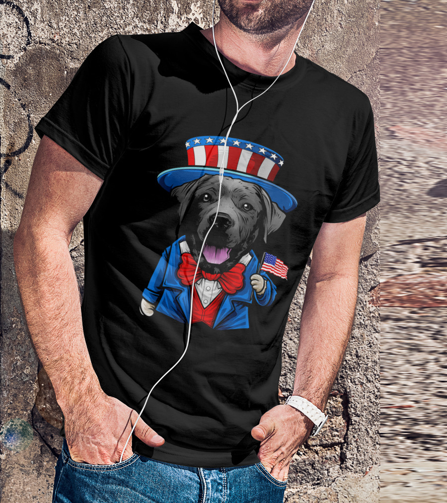 Uncle Sam Black Lab Holding American Flag 4th Of July T-Shirt