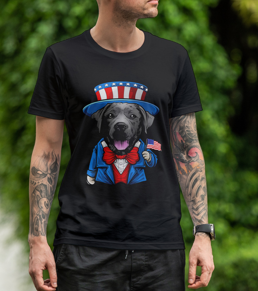 Uncle Sam Black Lab Holding American Flag 4th Of July T-Shirt