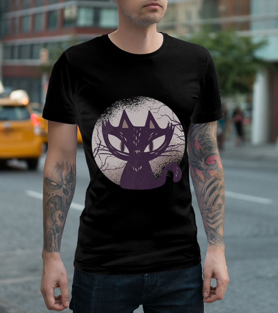 Funny Black Scary Cat Spooky Moonlit Halloween T-Shirt