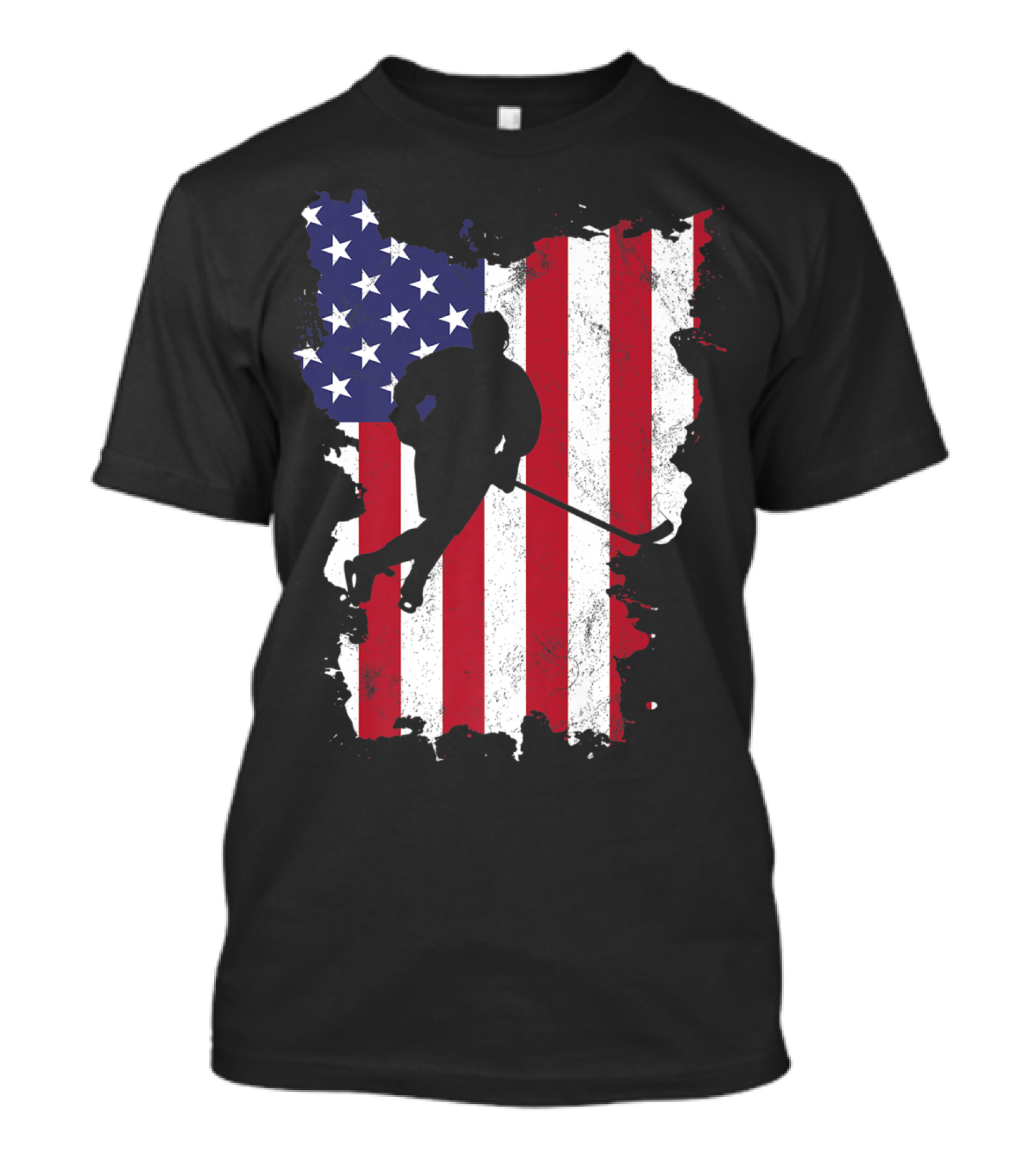Ice Hockey Player Silhouette On Distressed USA Flag For 4th Of July T-Shirt