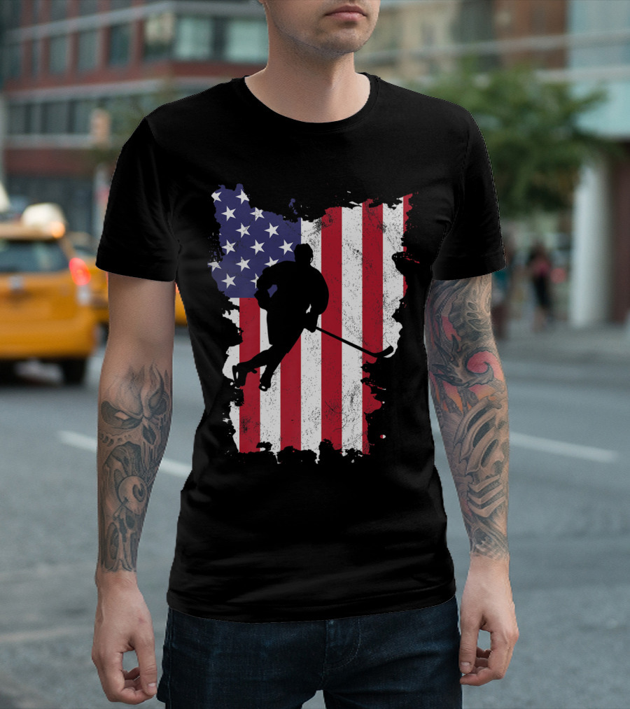 Ice Hockey Player Silhouette On Distressed USA Flag For 4th Of July T-Shirt