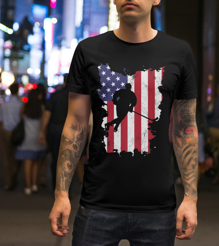 Ice Hockey Player Silhouette On Distressed USA Flag For 4th Of July T-Shirt