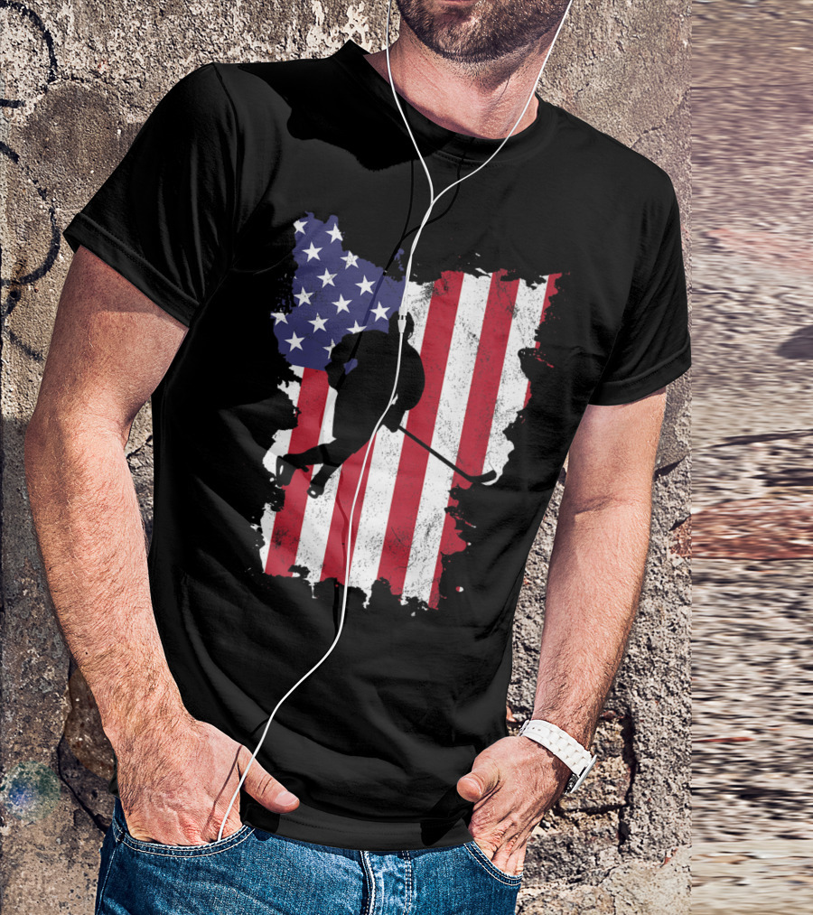 Ice Hockey Player Silhouette On Distressed USA Flag For 4th Of July T-Shirt