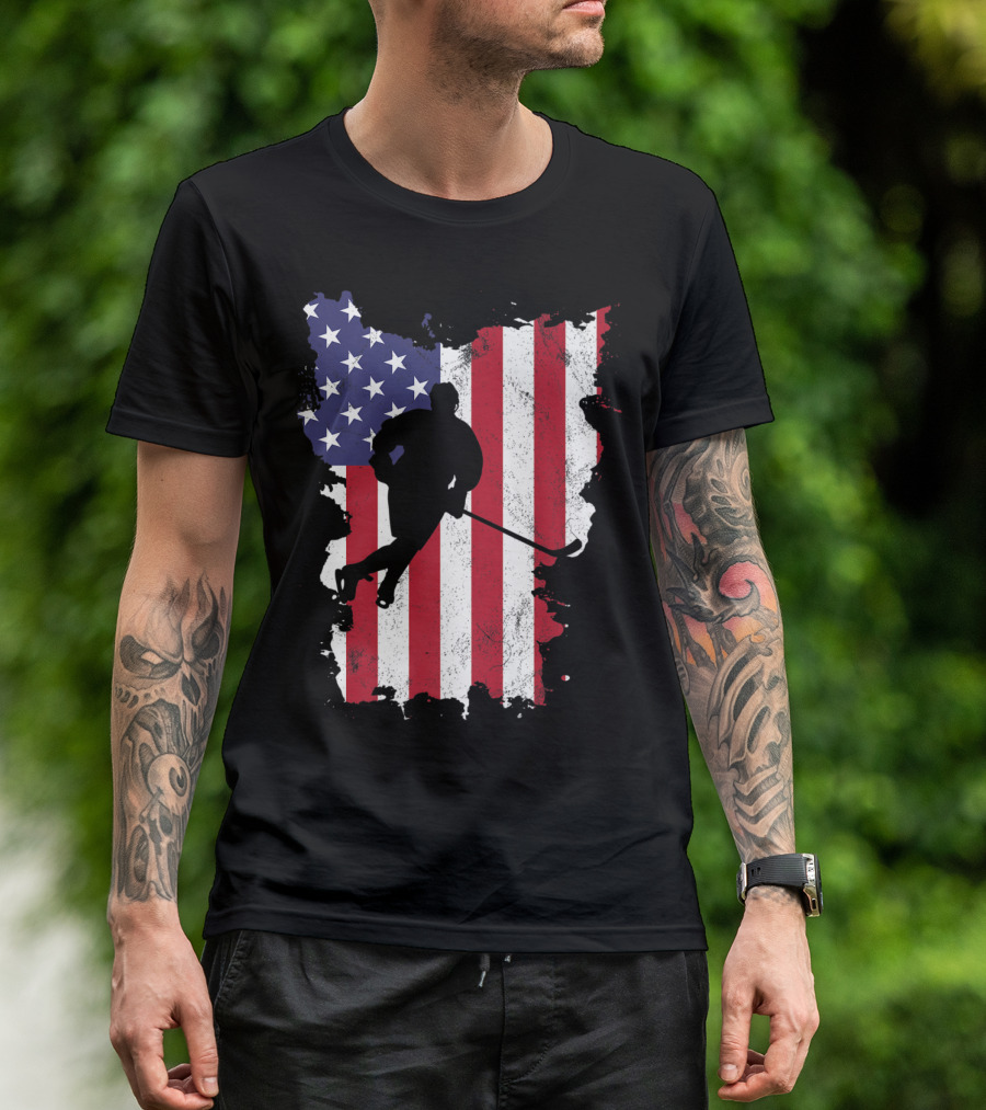 Ice Hockey Player Silhouette On Distressed USA Flag For 4th Of July T-Shirt