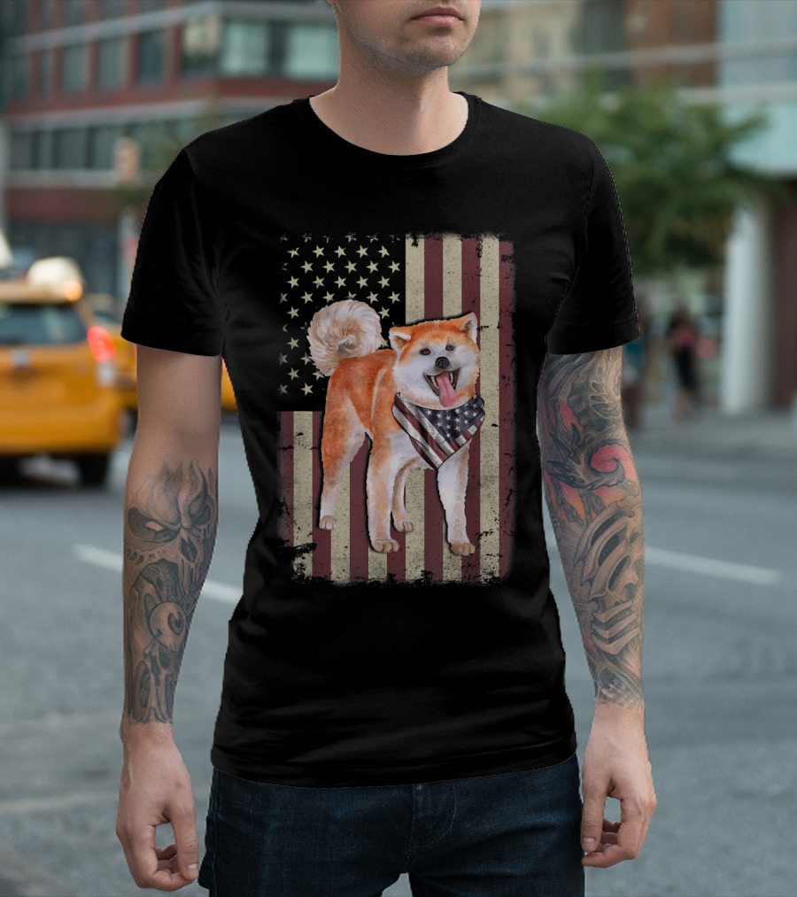 Akita Inu with American Flag Bandana Celebrating 4th of July T-Shirt