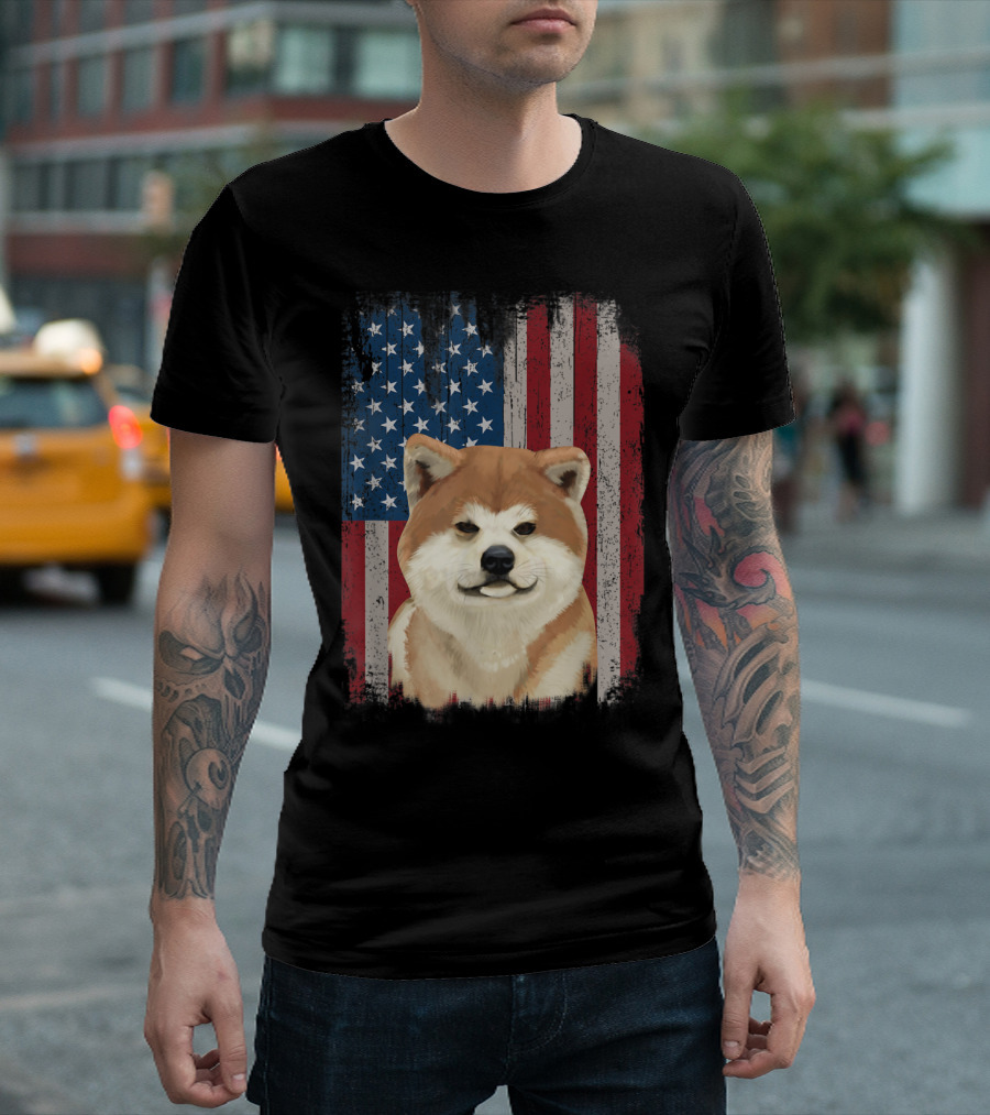 Akita Inu Dog with Grunge American Flag Patriotic 4th of July T-Shirt