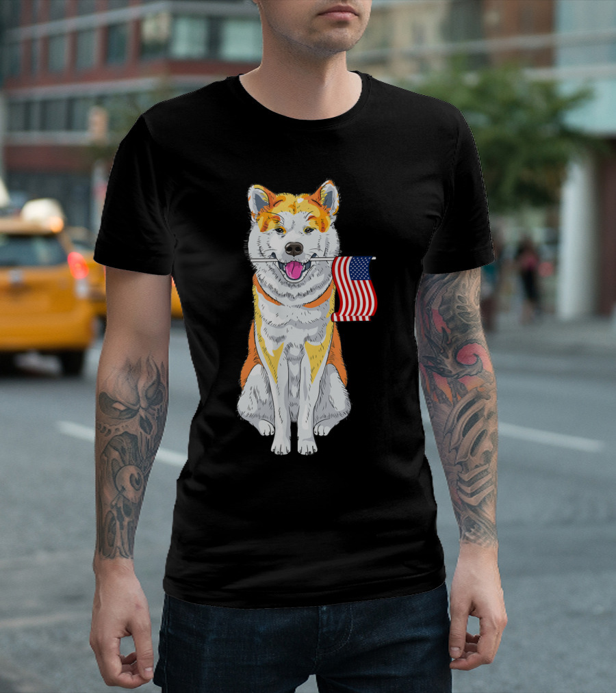 Akita Inu With American Flag In Mouth T-Shirt
