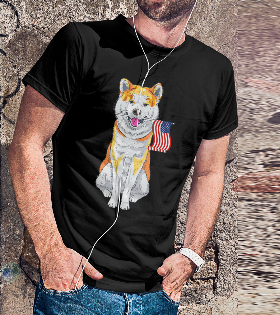 Akita Inu With American Flag In Mouth T-Shirt