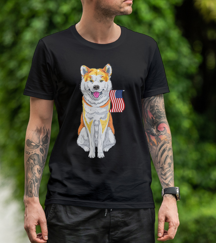 Akita Inu With American Flag In Mouth T-Shirt