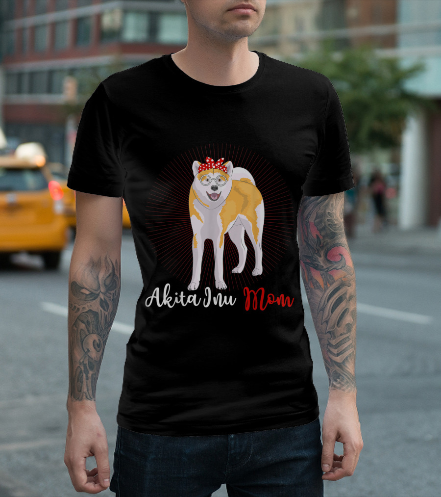 Akita Inu Mom with Glasses and Polka Dot Bow Dog T-Shirt