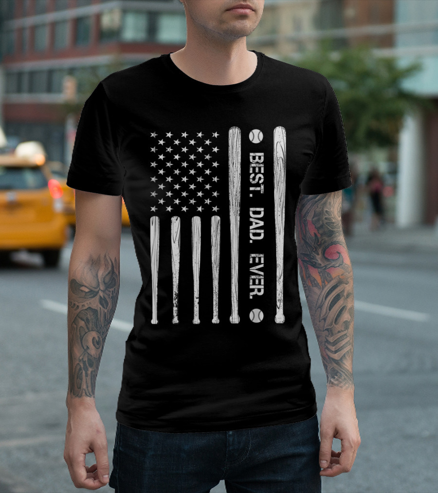 Best Dad Ever Baseball American Flag With Bats And Stars T-Shirt