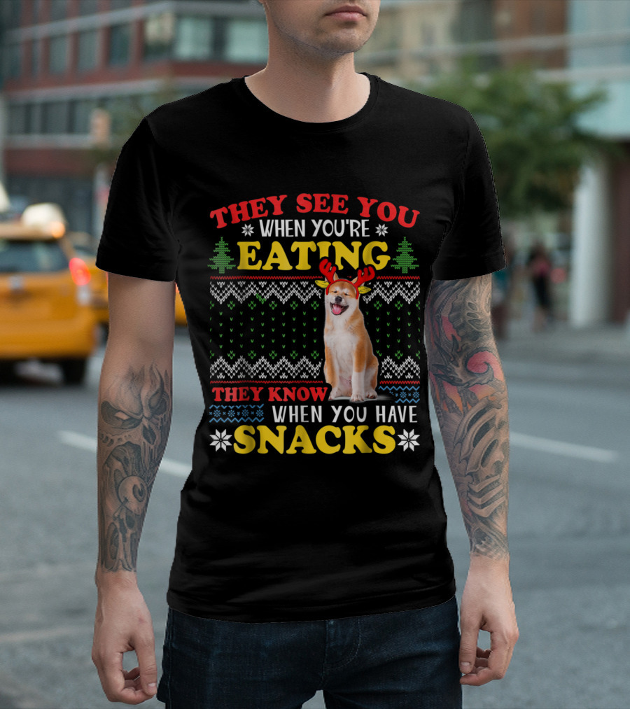 Akita Inu Ugly Xmas They See You Eating When You Have Snacks T-Shirt