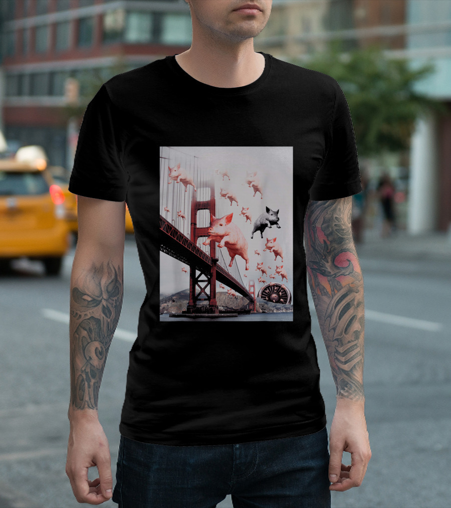 Golden Gate Bridge Flying Pig Collage Art Oh My God T-Shirt