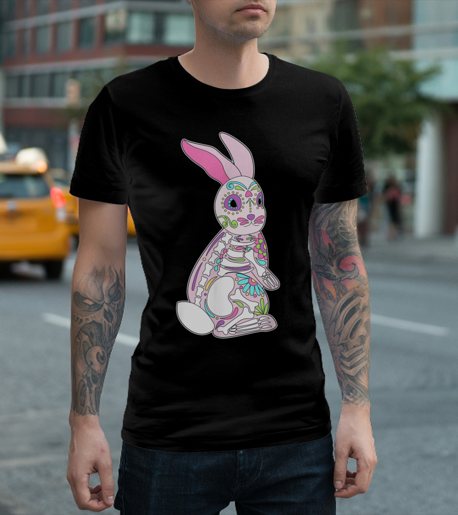 Easter Bunny Sugar Skull Dia De Los Muertos Colorful Skeleton T-Shirt