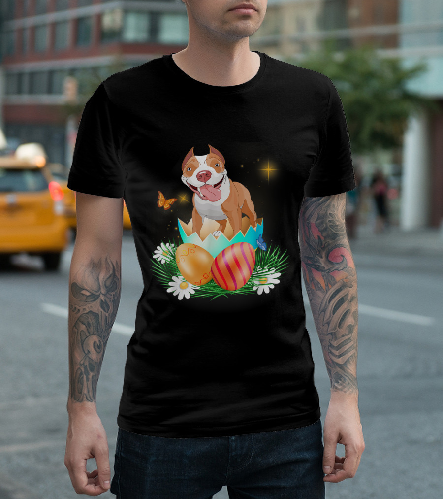 Easter Day Pitbull Emerging with Easter Eggs and Butterflies T-Shirt