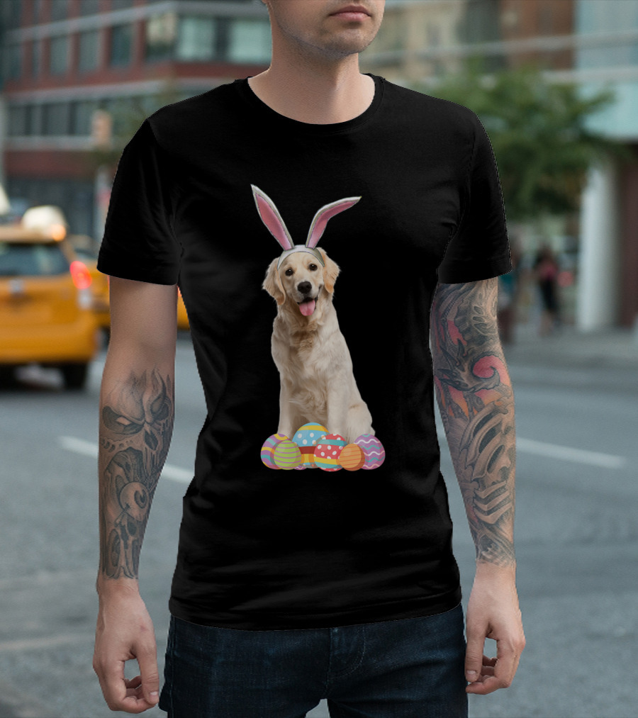 Golden Retriever with Bunny Ears Surrounded by Colorful Easter Eggs T-Shirt