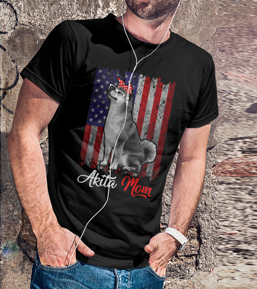 Patriotic Akita Mom Dog With American Flag Background T-Shirt