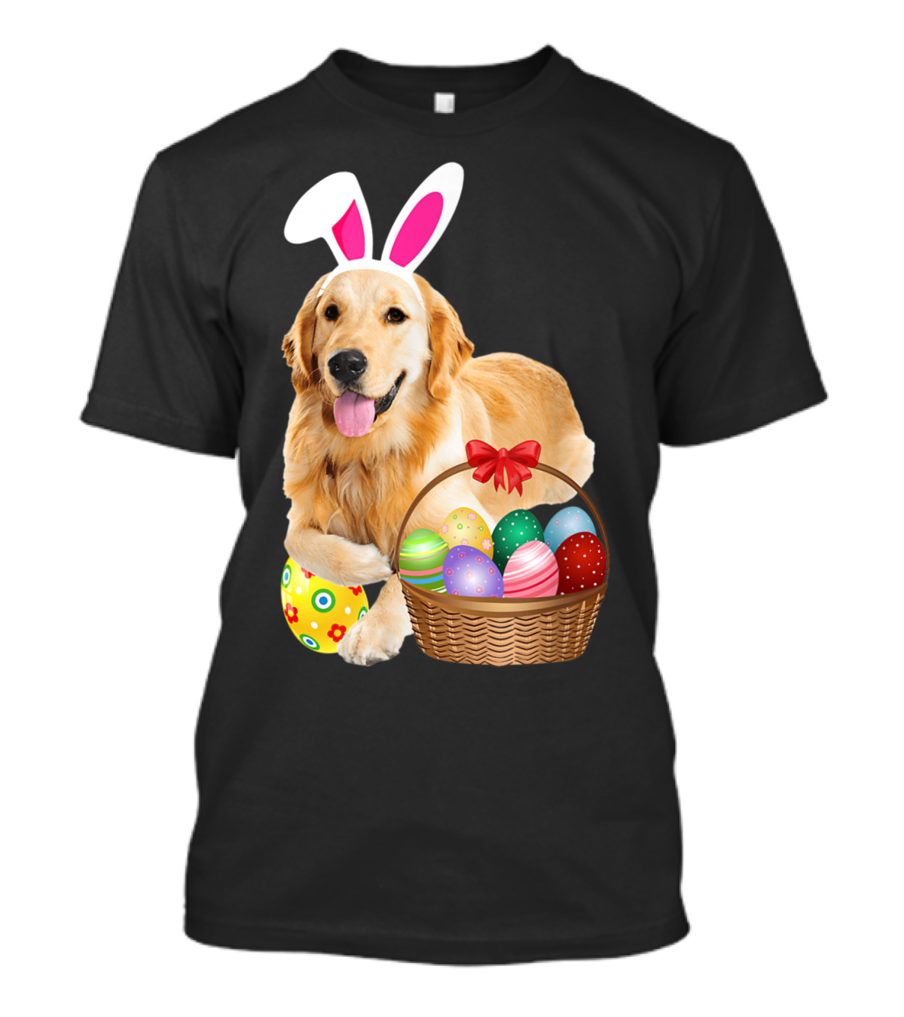 Easter Golden Retriever Wearing Bunny Ears With Colorful Egg Basket T-Shirt