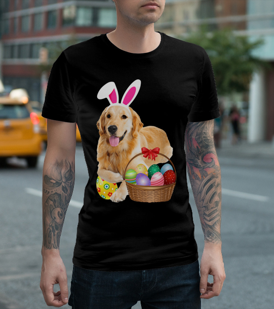 Easter Golden Retriever Wearing Bunny Ears With Colorful Egg Basket T-Shirt
