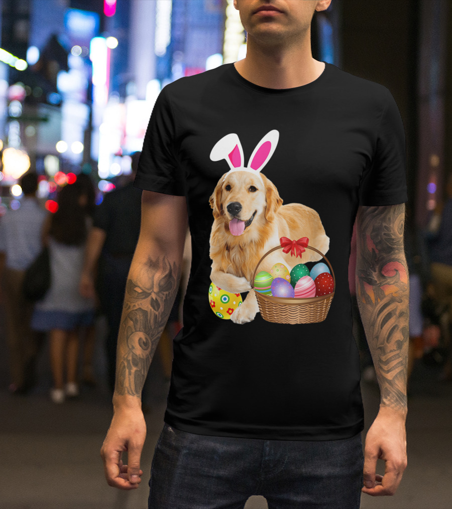 Easter Golden Retriever Wearing Bunny Ears With Colorful Egg Basket T-Shirt