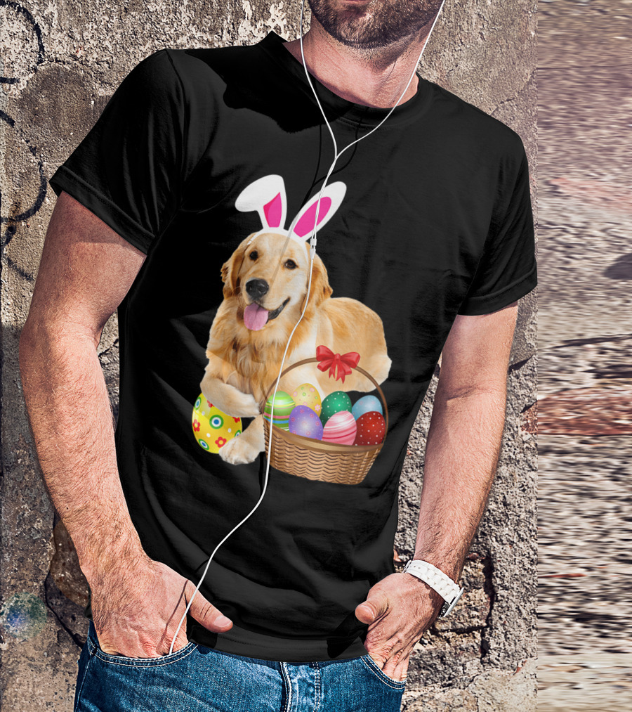 Easter Golden Retriever Wearing Bunny Ears With Colorful Egg Basket T-Shirt