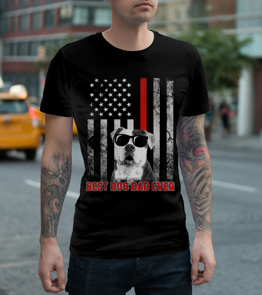 Best Dog Dad Ever American Bulldog With Patriotic Flag And Sunglasses T-Shirt